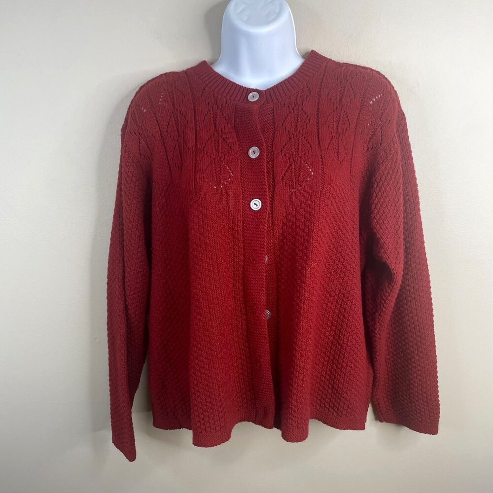 Vintage Pointelle Cozy Cardigan Sweater Large Brick Red Boxy Cabin Nature Modest